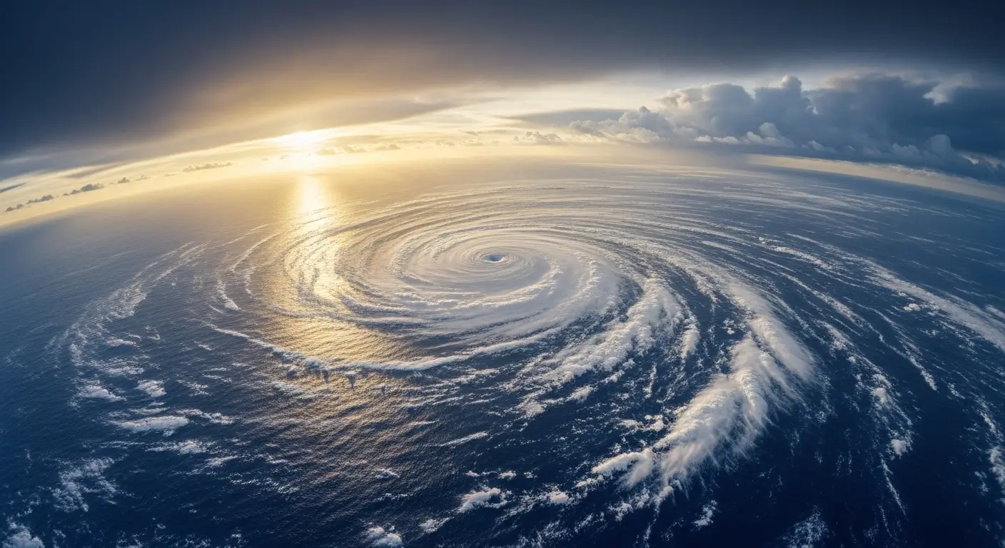 Satellite imagery showing the powerful eyewall of a major hurricane swirling over the Atlantic Ocean.