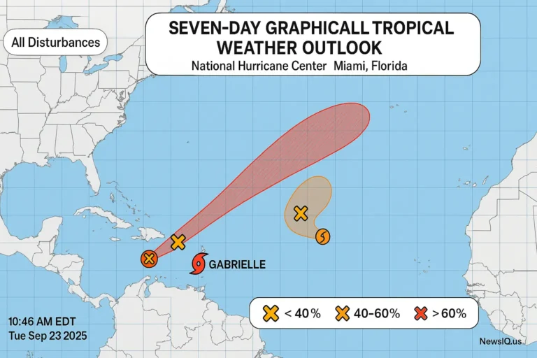Seven-day NOAA tropical outlook showing Hurricane Gabrielle and two storm systems in the Atlantic.