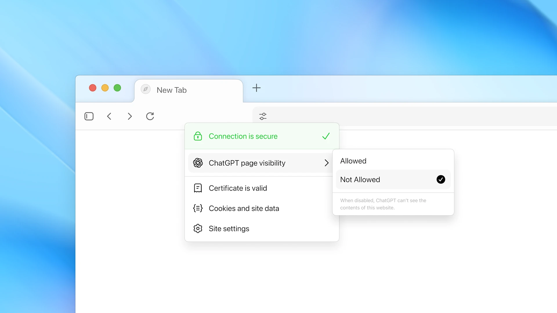 ChatGPT Atlas browser interface running on Mac with clean design