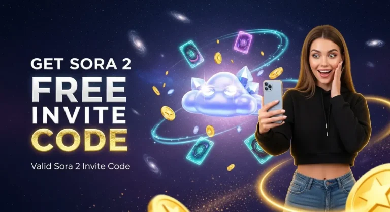 Sora 2 free invite code banner showing woman with phone promoting AI text to video tool with voice and lip sync.