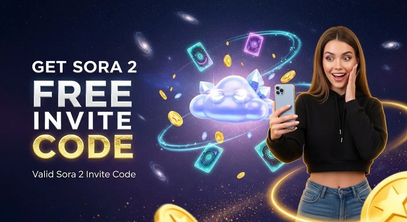 Sora 2 free invite code banner showing woman with phone promoting AI text to video tool with voice and lip sync.
