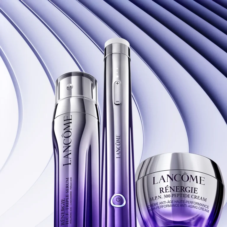 Close-up of Lancôme Rénergie H.C.F. Triple Serum and H.P.N. 300-Peptide Cream, the serums used with the Nano-Resurfacer device for anti-aging skincare.