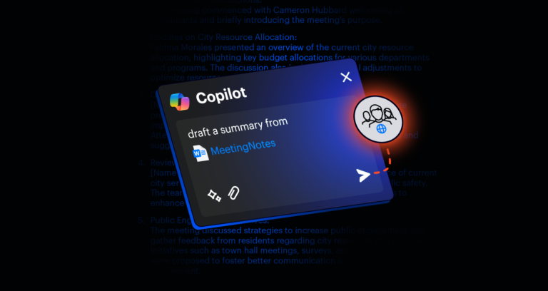 Copilot interface generating a summary from meeting notes with collaboration icon highlighted