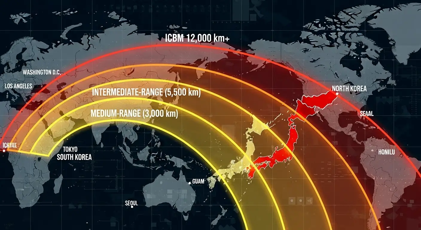 A bar chart comparing the estimated ranges of North Korean missiles, showing the Hwasong-12 (4,500 km), Hwasong-15 (13,000 km), Hwasong-17 (15,000 km), and the new Hwasong-20 (estimated 15,000+ km), highlighting a significant increase in range over time.
