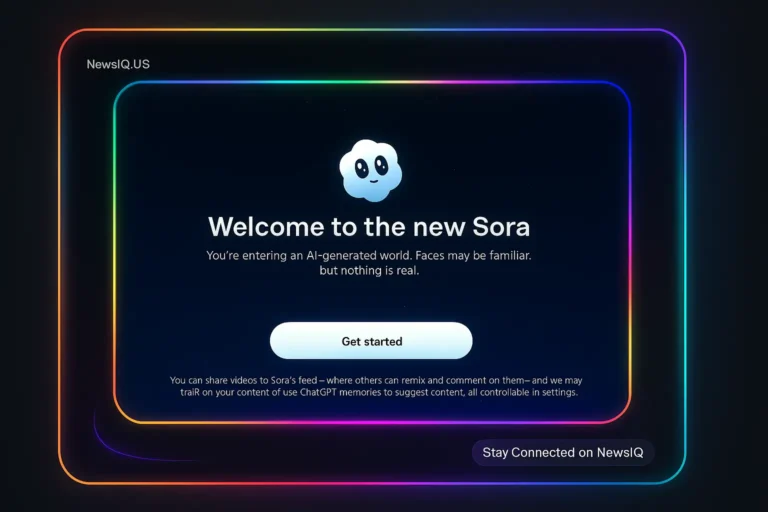 Sora 2 welcome screen with glowing neon gradient frame, kawaii AI cloud icon, and ‘Welcome to the new Sora’ message NewsIQ branding