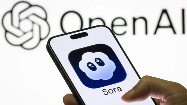 A smartphone showing the Sora app logo with the OpenAI logo blurred in the background.