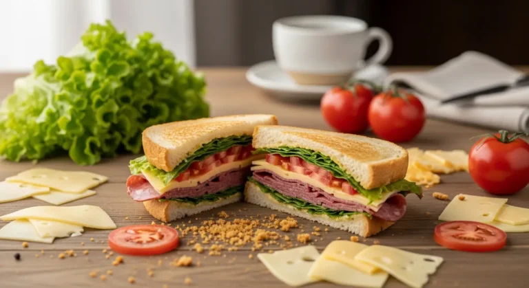 A gourmet sandwich with layers of cheese, lettuce, tomato, and meat on toasted bread, styled on a rustic wooden table with fresh ingredients and warm natural light.