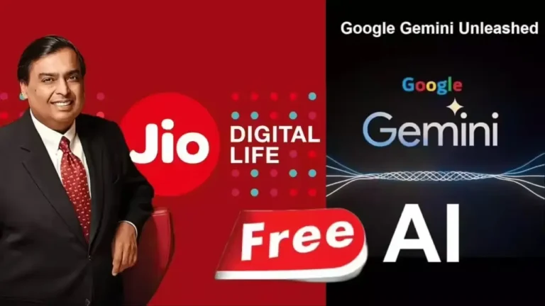 Mukesh Ambani with Jio Digital Life logo beside Google Gemini AI branding highlighting Jio’s free 18-month Gemini Pro offer challenging GPT-5 and Perplexity in 2025