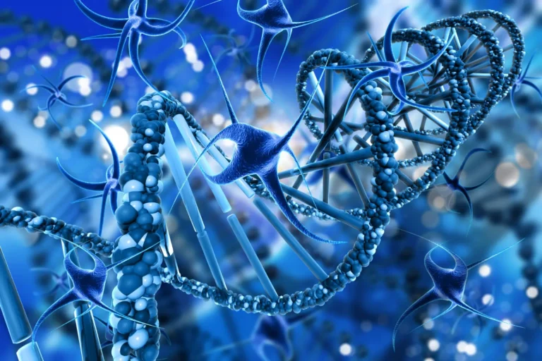 Blue DNA strands and cells illustrating molecular evolution.
