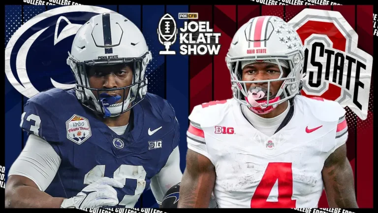 Penn State and Ohio State football players face off with team logos behind them on the Joel Klatt Show College Football file Photo.