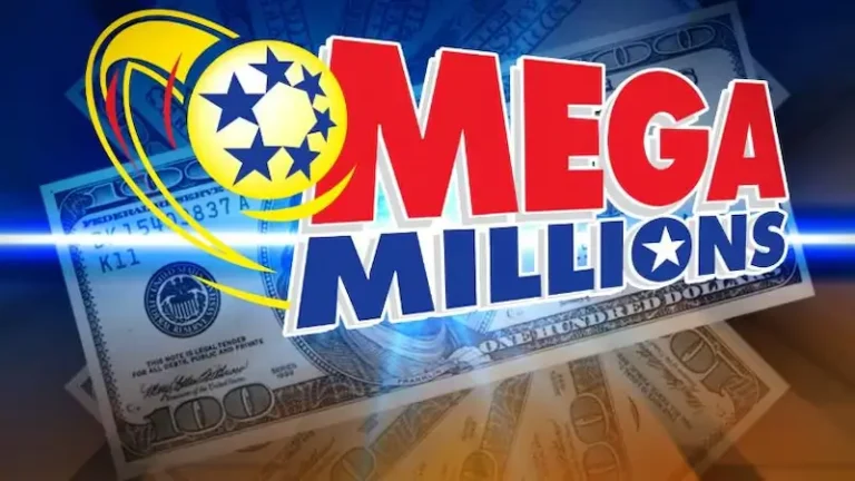 Mega Millions winning numbers and $843 million jackpot illustration over hundred-dollar bills.