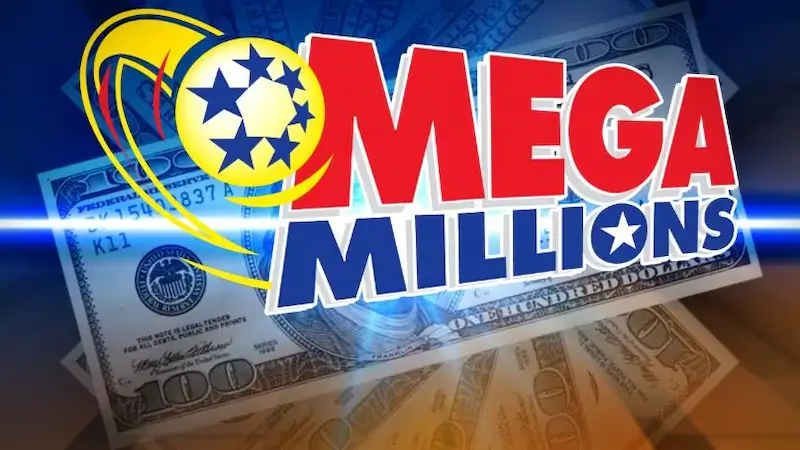 Mega Millions winning numbers and $843 million jackpot illustration over hundred-dollar bills.