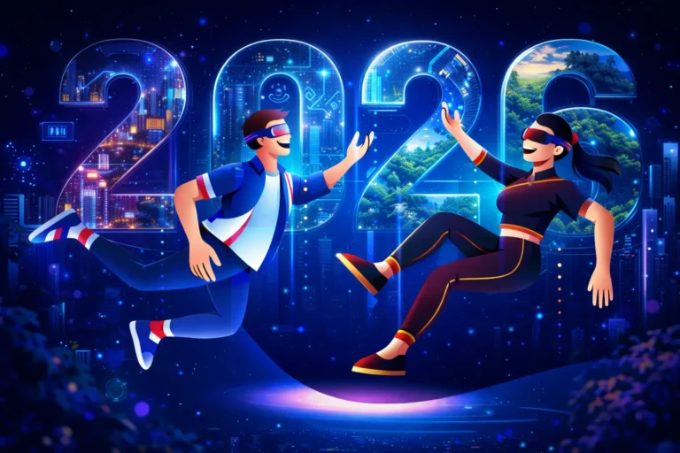 Two people wearing VR headsets floating joyfully in front of glowing “2026” numbers, symbolizing the future of immersive technology.
