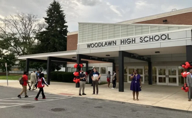 Woodlawn High School entrance in Baltimore during winter as school delays are announced due to bitter cold on December 15, 2025
