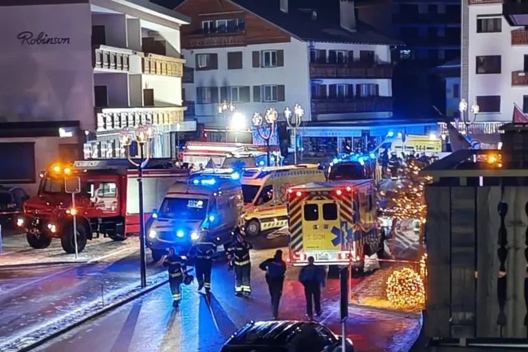 Emergency services at night in a Swiss ski resort after a deadly New Year’s Eve bar fire
