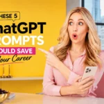 5 ChatGPT prompts for career growth shown in a premium office setup with a shocked professional woman holding a smartphone and reacting to AI productivity tips.