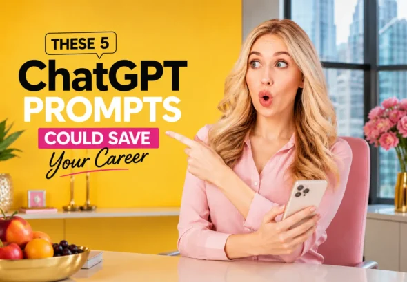 5 ChatGPT prompts for career growth shown in a premium office setup with a shocked professional woman holding a smartphone and reacting to AI productivity tips.