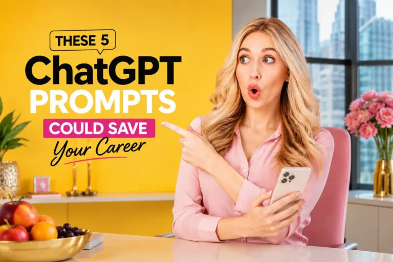 5 ChatGPT prompts for career growth shown in a premium office setup with a shocked professional woman holding a smartphone and reacting to AI productivity tips.