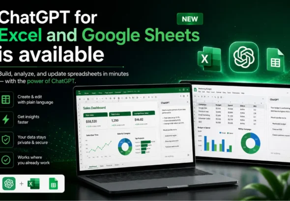 ChatGPT for Excel and Google Sheets integration showing AI-powered spreadsheet analysis, formula fixing, and real-time data automation.