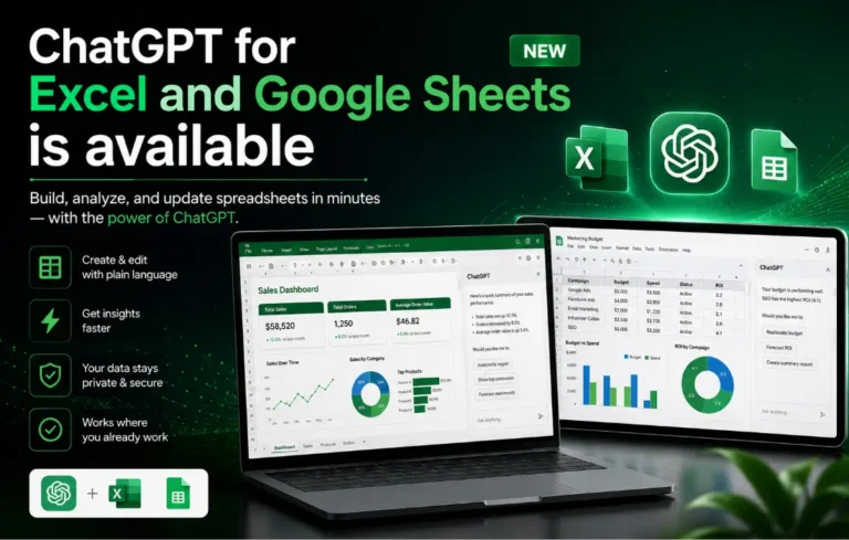 ChatGPT for Excel and Google Sheets integration showing AI-powered spreadsheet analysis, formula fixing, and real-time data automation.