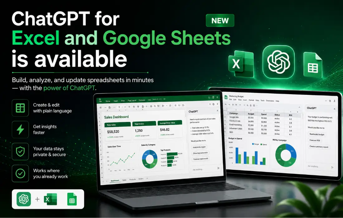 ChatGPT for Excel and Google Sheets integration showing AI-powered spreadsheet analysis, formula fixing, and real-time data automation.