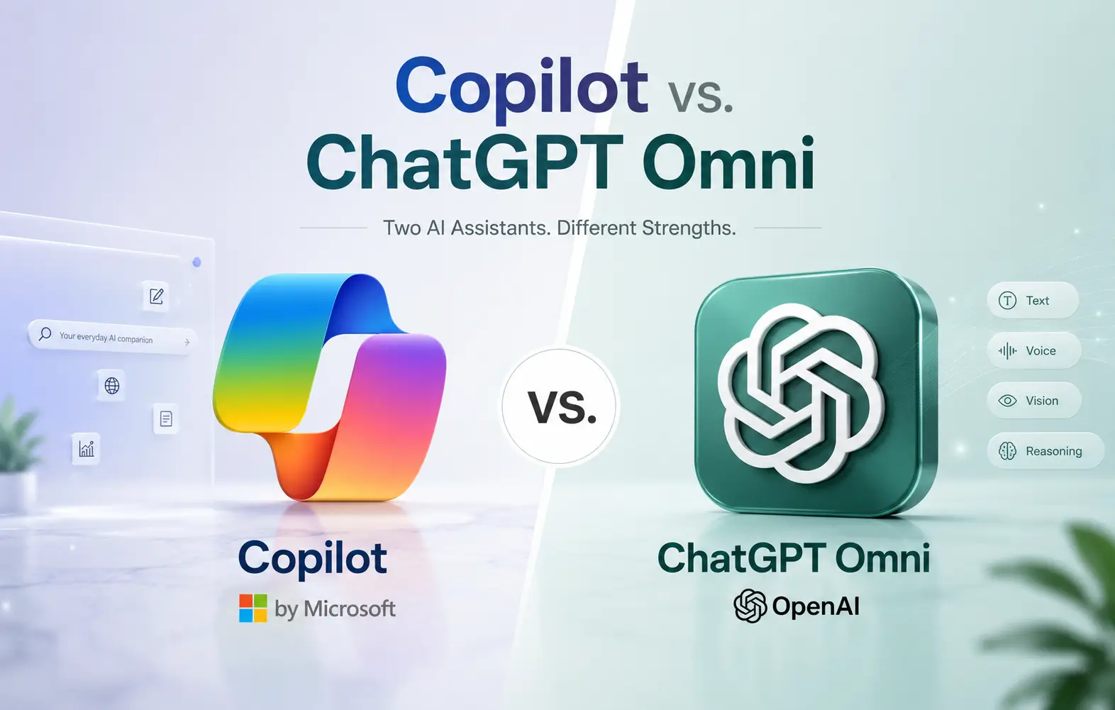 Copilot vs ChatGPT comparison: Which AI is best? A clean graphic displaying the visual matchup between Copilot and ChatGPT over a beautiful modern dark blue gradient backdrop.