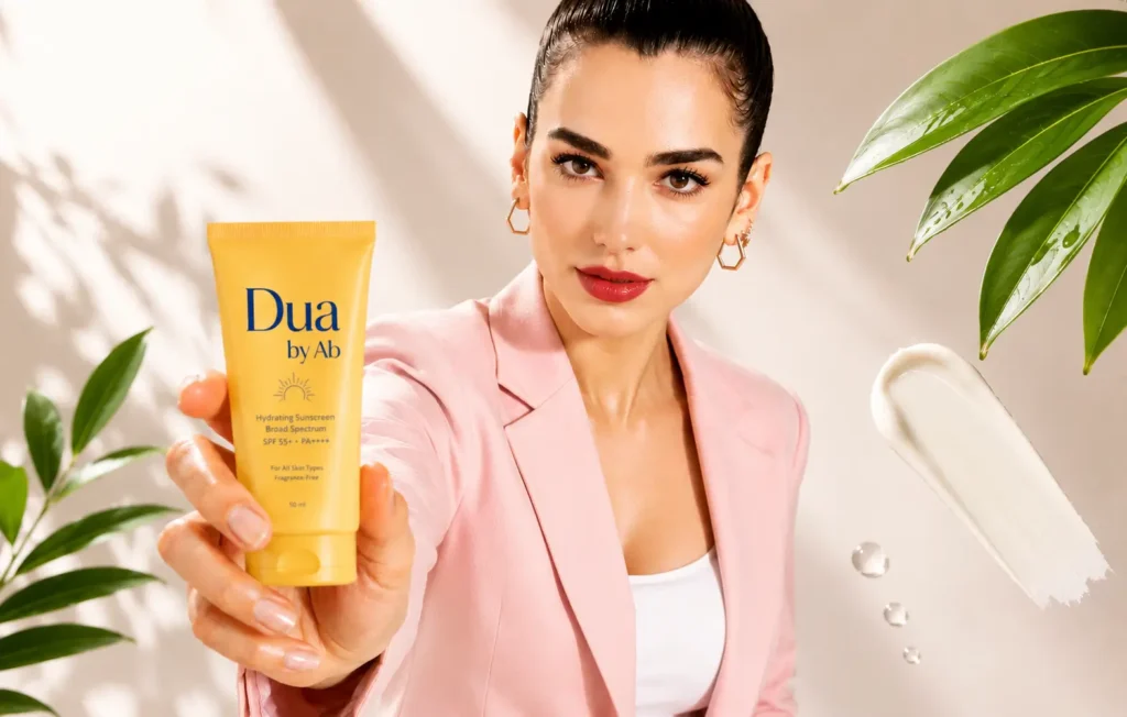 Dua Lipa promoting Dua by AB hydrating sunscreen skincare cream in a premium beauty campaign with natural glow makeup and soft aesthetic background