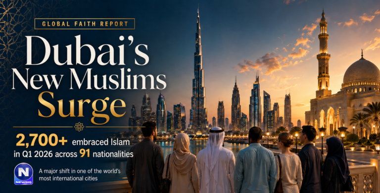 Diverse group of new Muslims standing together looking at Dubai skyline with Burj Khalifa and mosque at sunset, illustrating 2,700+ conversions in Q1 2026.