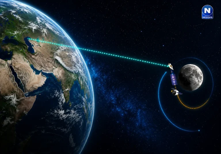 China Completes Earth-Moon Laser Communication Test at 100 Mbps Illustration of a laser communication link connecting Earth with China’s DRO-A satellite near the Moon.
