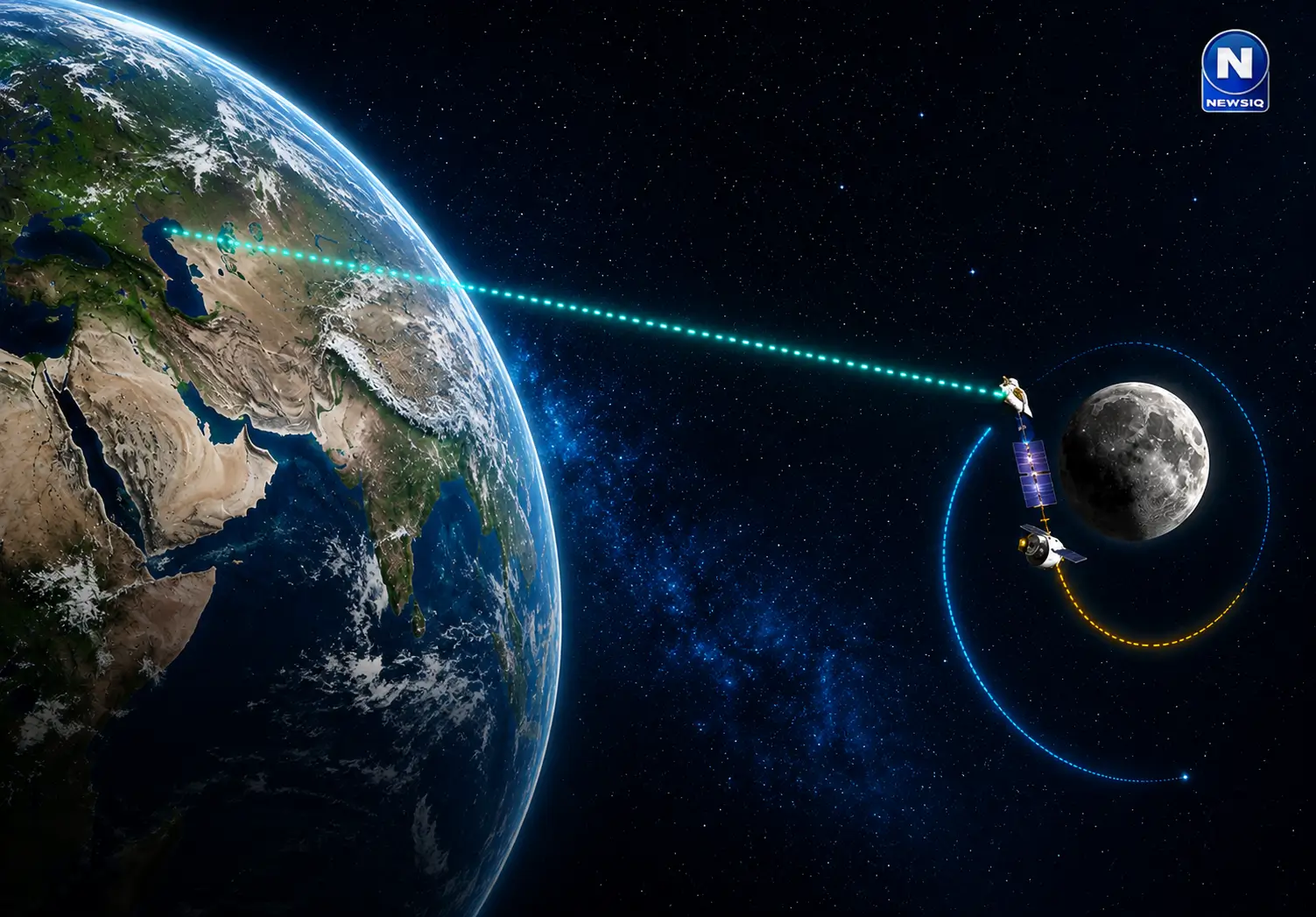 Illustration of a laser communication link connecting Earth with China’s DRO-A satellite near the Moon.