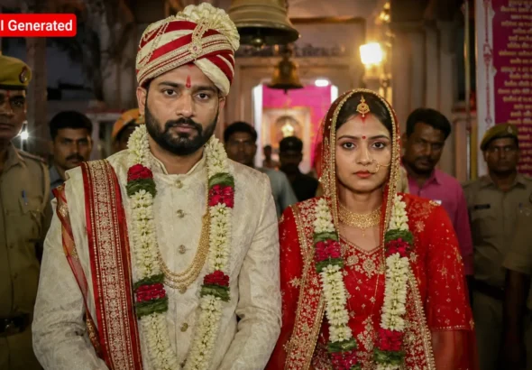 Fatehpur gang rape survivor and her groom during their marriage ceremony at Siddhpeeth Tambeshwar Temple following the UP Fatehpur rape news incident.