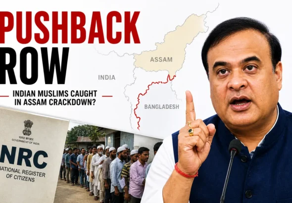 Assam Chief Minister Himanta Biswa Sarma beside a map of Assam and Bangladesh with “Pushback Row” headline, NRC document, and queue of people illustrating controversy over alleged deportations of Indian Muslims.