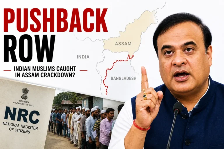 Assam Chief Minister Himanta Biswa Sarma beside a map of Assam and Bangladesh with “Pushback Row” headline, NRC document, and queue of people illustrating controversy over alleged deportations of Indian Muslims.