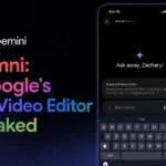 A dark-themed news graphic titled "Gemini Omni: Google’s AI Video Editor Leaked." The right side shows a leaked smartphone screenshot of the Gemini mobile app interface featuring a new video creation tab powered by the "Omni" model for chat-based editing.