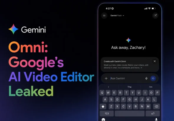 A dark-themed news graphic titled "Gemini Omni: Google’s AI Video Editor Leaked." The right side shows a leaked smartphone screenshot of the Gemini mobile app interface featuring a new video creation tab powered by the "Omni" model for chat-based editing.