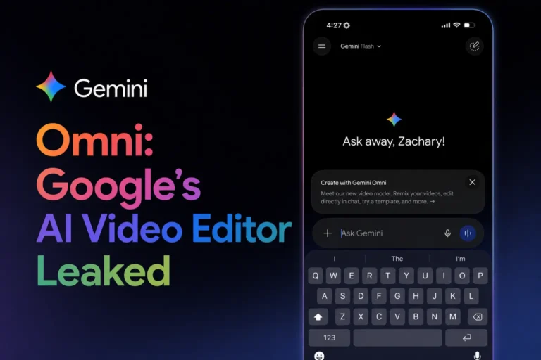 A dark-themed news graphic titled "Gemini Omni: Google’s AI Video Editor Leaked." The right side shows a leaked smartphone screenshot of the Gemini mobile app interface featuring a new video creation tab powered by the "Omni" model for chat-based editing.