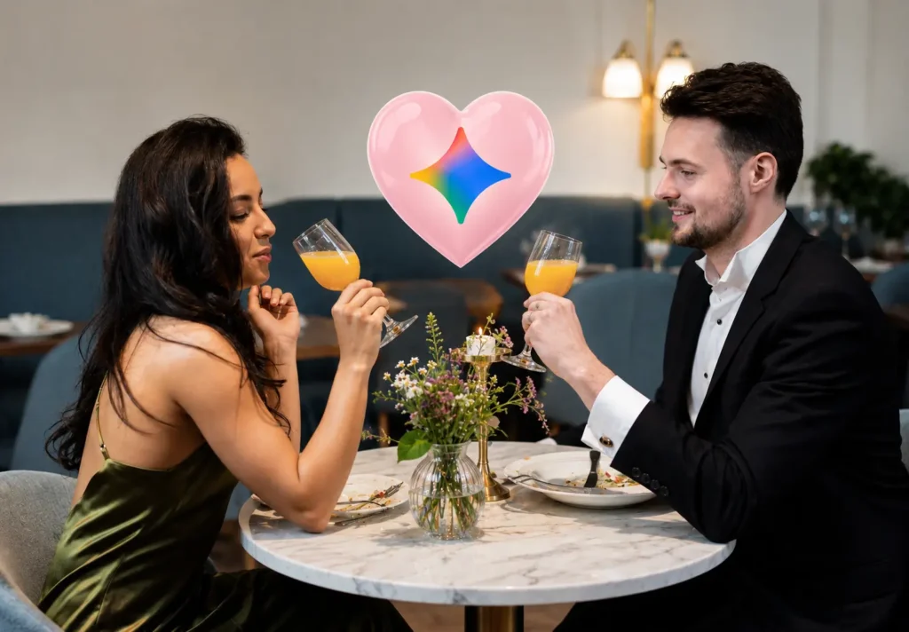 Couple at a restaurant toasting drinks with a Gemini heart icon between them.