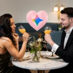 Couple at a restaurant toasting drinks with a Gemini heart icon between them.