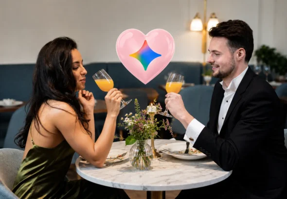 Couple at a restaurant toasting drinks with a Gemini heart icon between them.