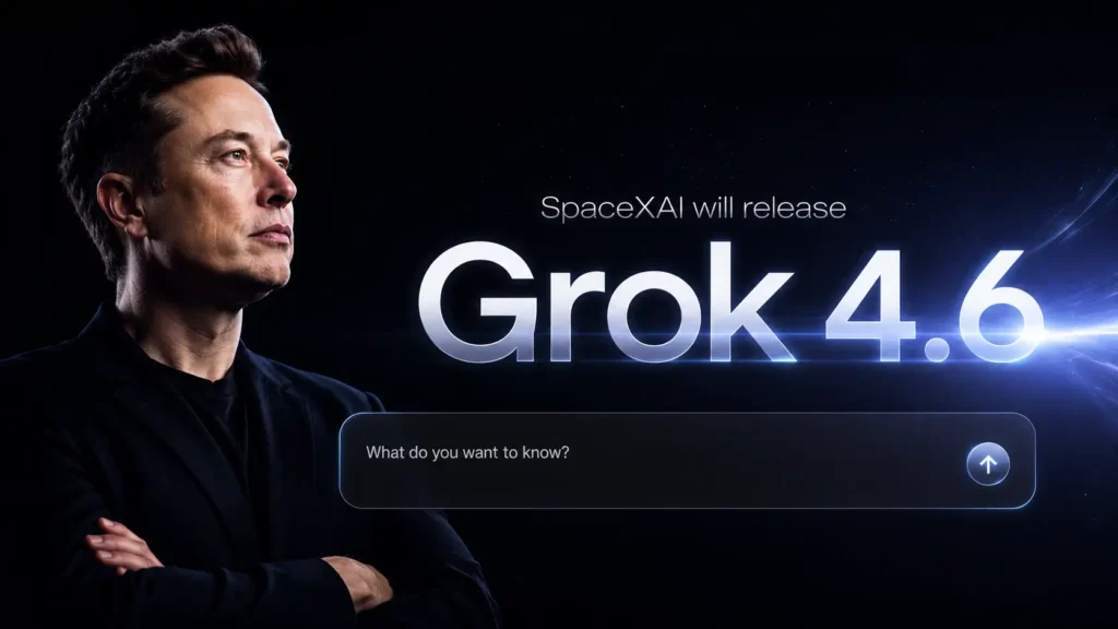 Elon Musk pictured next to text announcing the Grok 4.6 release date for the new xAI AI model.