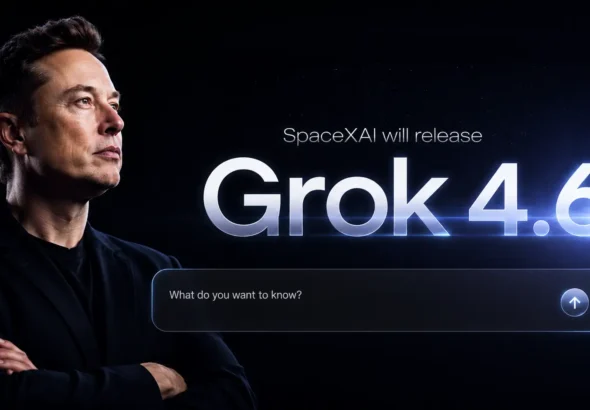 Elon Musk pictured next to text announcing the Grok 4.6 release date for the new xAI AI model.