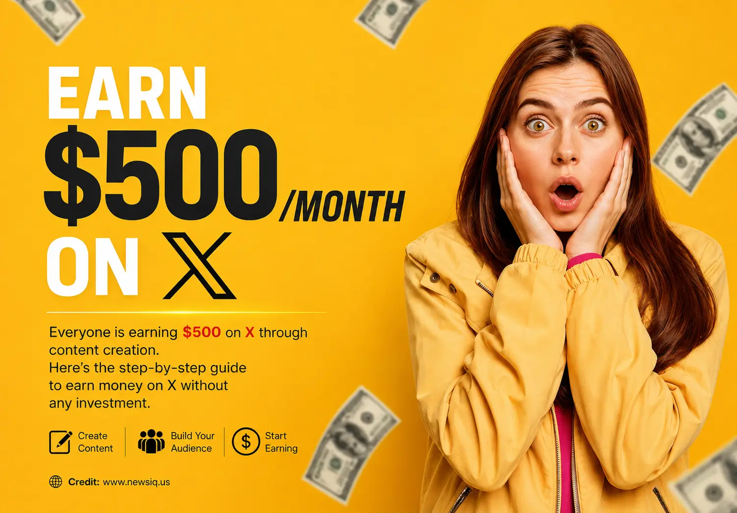 Infographic explaining how to earn money on X with creator monetization steps and monthly payout estimates