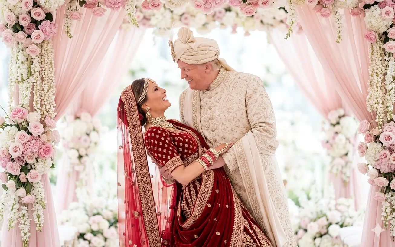 Dreamy Indian Wedding Portrait Reimagined with AI - Red Lehenga and Cream Sherwani