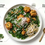 Infographic showing moringa leaves thoran with coconut, bean sprouts, spices, crunchy fritters, and coconut chutney labeled around a plated dish
