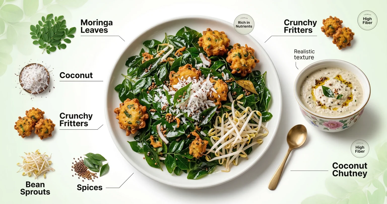 Infographic showing moringa leaves thoran with coconut, bean sprouts, spices, crunchy fritters, and coconut chutney labeled around a plated dish