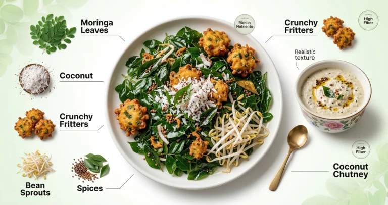 Infographic showing moringa leaves thoran with coconut, bean sprouts, spices, crunchy fritters, and coconut chutney labeled around a plated dish
