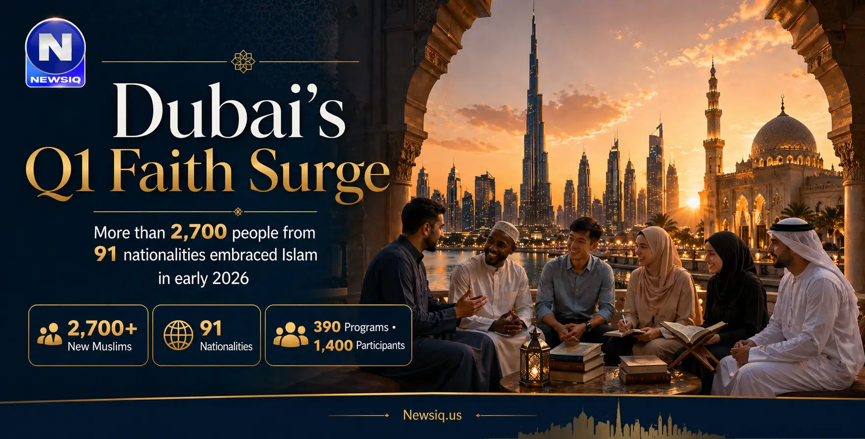 A group of new Muslims and locals sitting together with Qurans at sunset in Dubai, illustrating the Q1 2026 surge of 2,700+ converts from 91 nationalities.