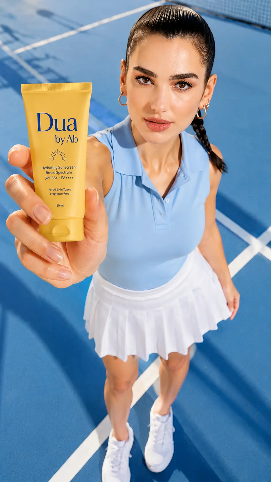 Best ChatGPT Photo Editing Prompts 2026 Stunning high-key skincare commercial illustration on tennis court