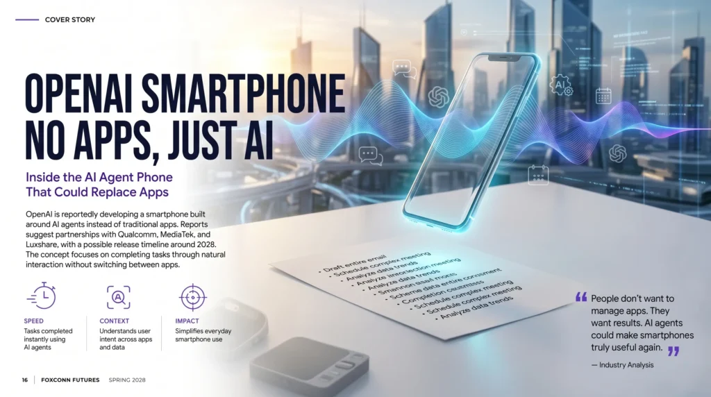 OpenAI smartphone concept with AI agents replacing apps in a futuristic mobile interface