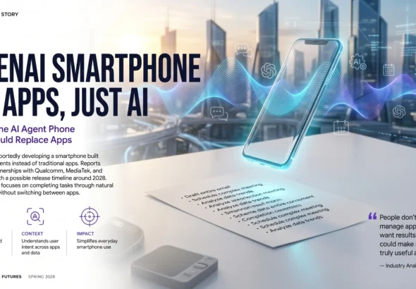 OpenAI smartphone concept with AI agents replacing apps in a futuristic mobile interface